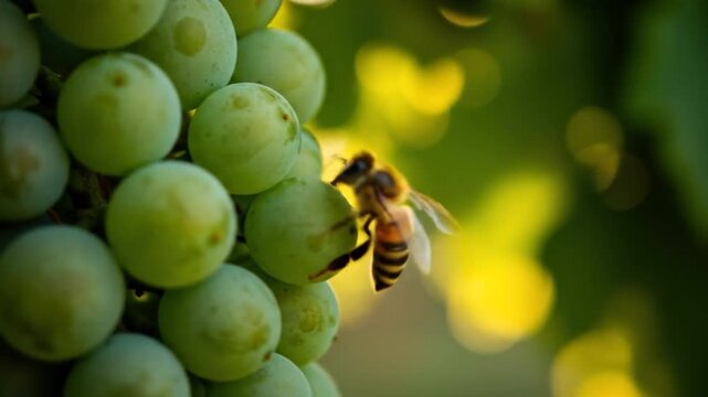 Bee feeding on ripe green grapes in vineyard close up