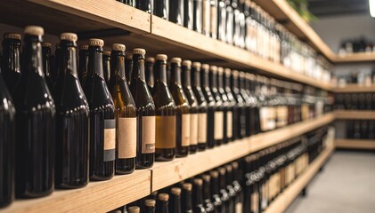 A neatly arranged row of colorful glass bottles, each varying in shape and size, reflecting light beautifully against a soft, neutral background.