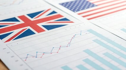 Close-up of charts with US and UK flag overlays — representing cross-country statistics and insights