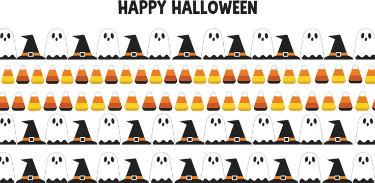 A festive halloween border featuring ghosts, witch hats, and candy corn for a fun and spooky celebration