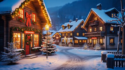 Fototapeta premium Christmas village with snowy houses decorated with lights 