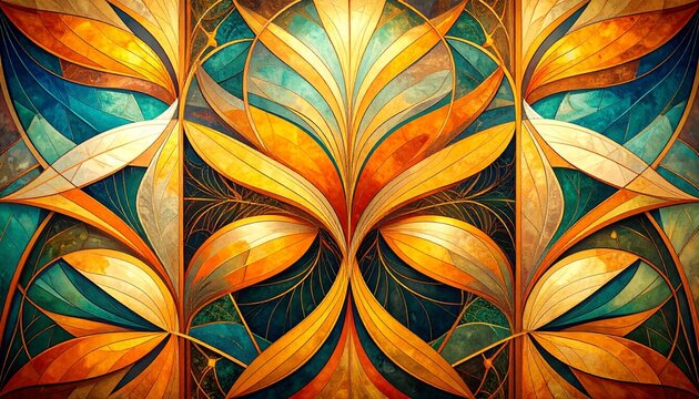 Gilded Art Nouveau Triptych with Luminous Golden and Teal Leaves