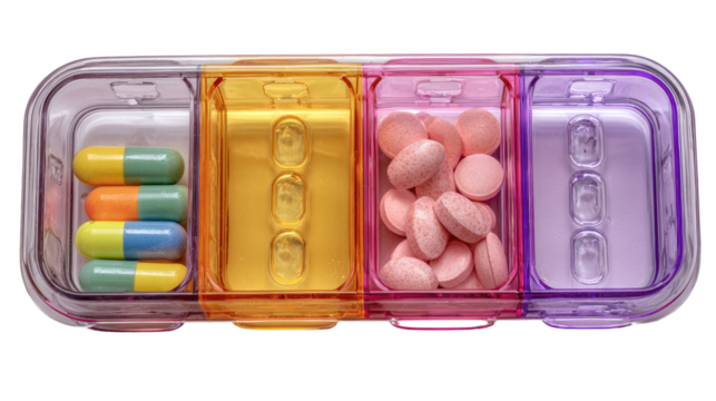 Transparent pill organizer with compartments filled with assorted pills