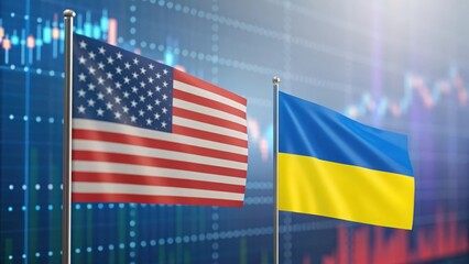 US and Ukraine flags overlayed on digital graphs — visualizing economic and geopolitical data