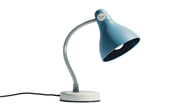 A light blue desk lamp with a curved arm