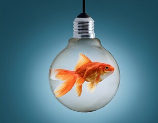 Vibrant goldfish swimming inside a clear lightbulb, symbolizing ideas, innovation, and contained creativity against a clean blue gradient background