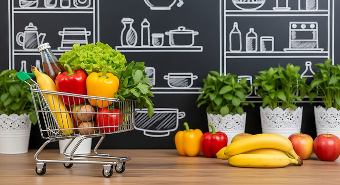A full shopping cart overflowing with fresh produce and healthy vegetables on a kitchen counter