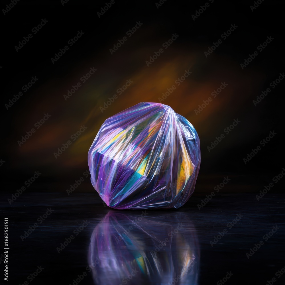 Wall mural abstract representation of a colorful object wrapped in transparent material against a dark backgrou