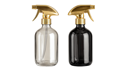 Two clear and dark glass spray bottles with gold caps