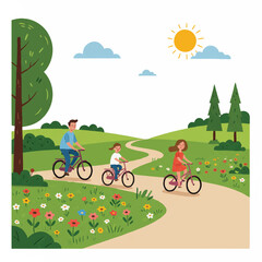 A joyful family is cycling together on a scenic path under bright sunshine, depicted in a clean 2D flat vector illustration with simplified style and crisp outlines.