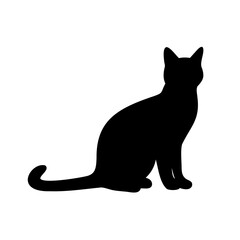 Sitting black cat silhouette with a curled tail on a white background
