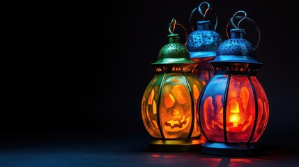 Three halloween lanterns glowing in the dark creating a spooky and festive mood