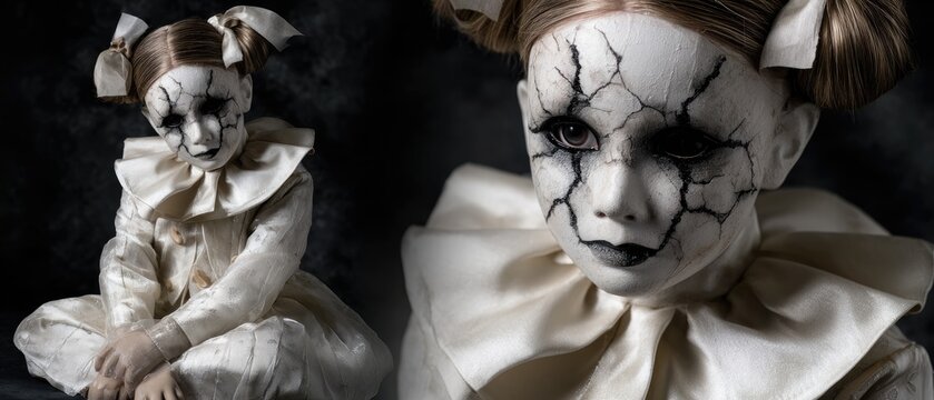 A haunting portrayal of a doll-like figure with cracked white makeup, dressed in a delicate outfit, evoking an eerie atmosphere. - Powered by Adobe