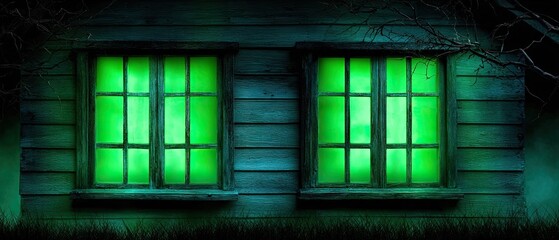 A spooky, abandoned house features two glowing green windows set against dark, weathered wood and overgrown grass, creating an eerie atmosphere.