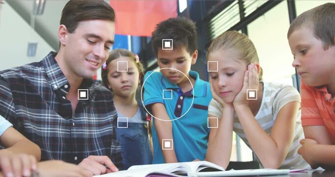 Animation of focus over diverse pupils and male teacher learning at school - Powered by Adobe