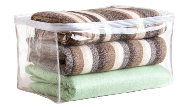 Clear storage container holding folded blankets