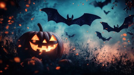 Glowing jacko'lantern with bats flying in a spooky halloween night setting