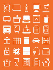 White Icons on Orange Background – Business and Technology Illustration