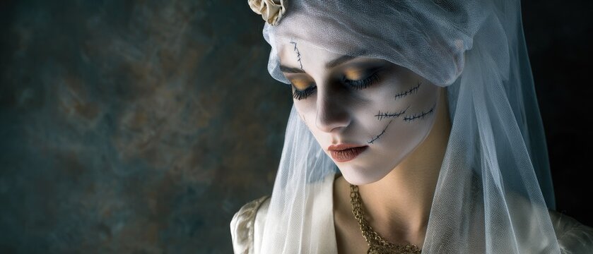 A woman in a ghostly bridal outfit, featuring dramatic makeup with stitches and a veil, evokes an eerie, haunting atmosphere.