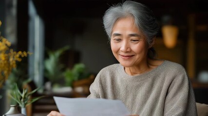 An elderly woman is sitting at a table with a piece of paper in front of her. Elderly Asian woman smiling while reading Medicaid approval letter at home, palliative care, warm caring mood