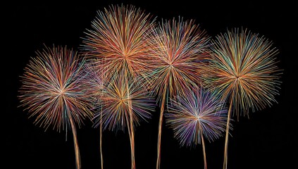 Fototapeta premium Vibrant fireworks burst against a dark background, showcasing colorful radiating patterns.