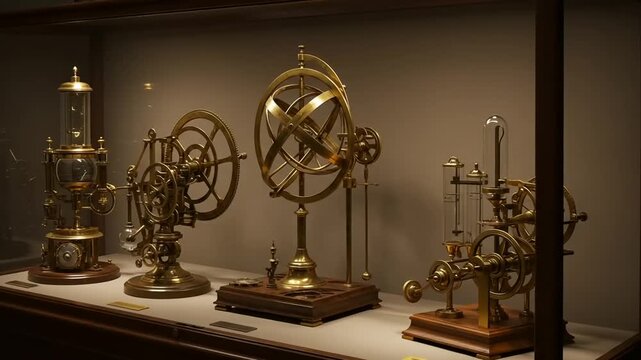 Antique Scientific Instruments Displayed in Museum Case