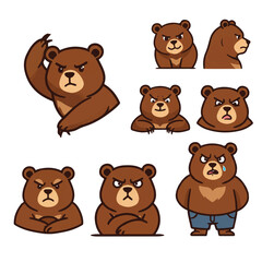 Flat 2D bear mascot vector illustration set featuring friendly animal character designs isolated on a clean white background, perfect for branding.