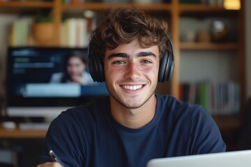 smiling young man sitting in the office wearing headphones and in front of a laptop, holding a notebook and talking on a video call online with clients, discussing business matters, Generative AI
