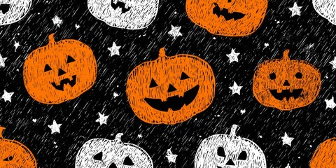 A repeating pattern of hand-drawn jack-o'-lanterns in orange and white, set against a dark background dotted with stars, creates a spooky, festive Halloween motif.