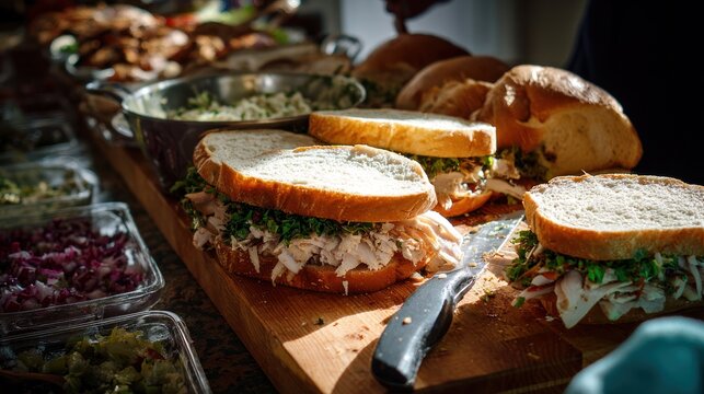 Sun-Kissed Artisan Pulled Chicken Sandwiches on a Rustic Wooden Board at a Bustling Market - Powered by Adobe