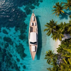 Luxury yacht anchored near a lush tropical island with turquoise shallow waters, bird&rsquo;s-eye view, vivid colors and tropical serenity, no people,Generative Ai
