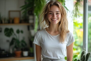 Portrait of a young smiling woman standing at home, showing the results of her diet and weight loss, wearing baggy pants with a noticeably slimmer waist, expressing satisfaction, Generative AI