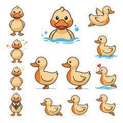 Fototapeta premium A delightful set of vibrant flat 2D vector duck mascot illustrations, showcasing a cheerful yellow waterbird in various poses, isolated on a bright white background.