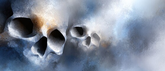 Abstract depiction of skulls in a misty, ethereal background, conveying themes of mortality and the passage of time.