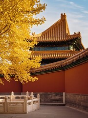 Fototapeta premium Traditional Chinese Architecture with Golden Ginkgo Tree in Autumn