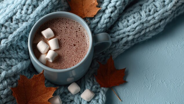 Cozy autumn scene  hot cocoa with marshmallows, nestled in a blue knit scarf and surrounded by fall leaves