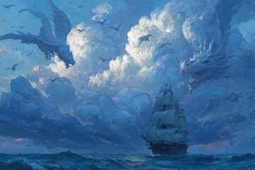 Sailing ship confronts colossal dragons amidst a dramatic, cloudy sky