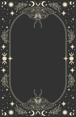 Celestial magical background for astrology, tarot. Black postcard with a frame in a bohemian design, moth, stars, copy space. Magic vector illustration