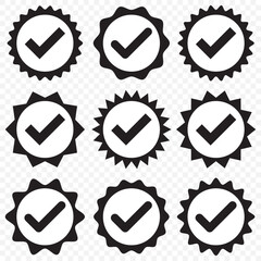 Black Verified Badge Icons – Check Marks in Multiple Design Styles on Transparent Background. EPS 10.