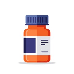 Obraz premium Illustration of an orange medicine bottle with a blue cap and a white label, containing pills.