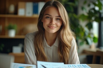 Portrait of a young businesswoman sitting in the office, showing documents with graphs to the camera with a pen, presenting steady growth in the company's income while talking call, Generative AI