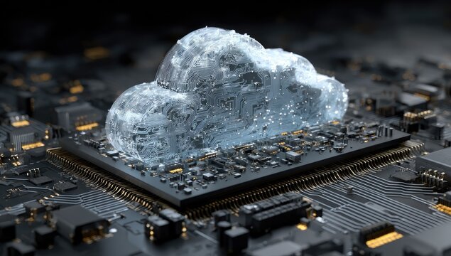 Crystalline car-shaped cloud data on a circuit board - Powered by Adobe