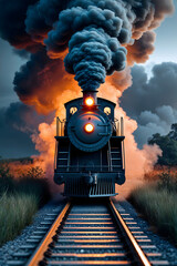 Illustration steam locomotive with steam and soot travelling directly towards you on rails generative AI