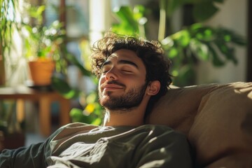 Portrait of a smiling Latin American man thoughtfully sitting at home on the sofa with closed eyes, resting and daydreaming in a peaceful and comfortable environment, Generative AI