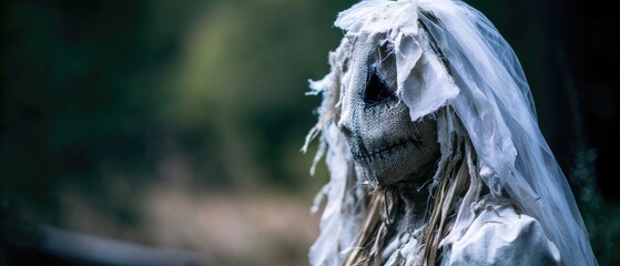 Fototapeta premium A haunting figure resembling a bride, made from fabric and natural materials, stands in a blurred forest backdrop, evoking a sense of mystery.