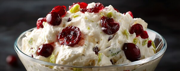 Ambrosia Creamy salad with cranberries and fruit, served in glass bowl