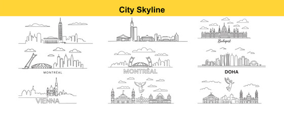 Obraz premium Illustrations of Global City Skylines Featuring Montreal, Doha, Vienna and Budapest With Simple Line Art and Minimalist Design