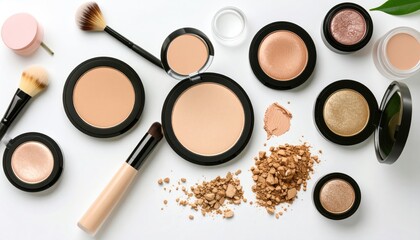 An aerial shot of an assortment of open makeup compacts, brushes, and loose powder, laid out on a clean white background
