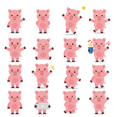 Obraz premium Playful flat 2D vector illustration set featuring a friendly pig mascot in various poses, isolated on a clean white background, perfect for branding.