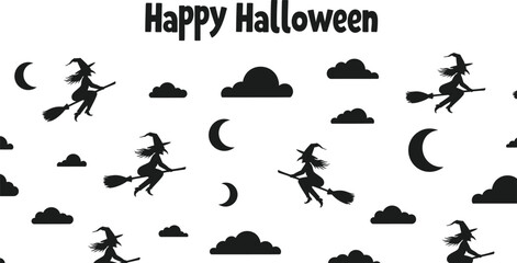 Happy Halloween seamless pattern with witch flying on a broom and moon and cloud silhouettes for banner or template